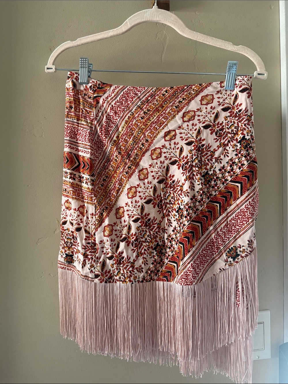 IDyllwind Boho Floral Fringe Midi Skirt - Rust & Pink Print